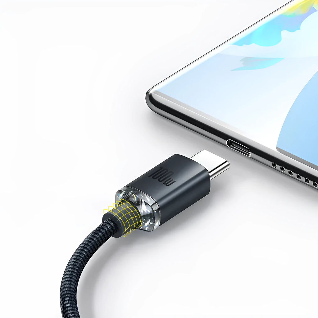 Crystal Shine Series USB to Type C 100W fast charging data cable with aluminium alloy casing and braided-fabric cable in black
