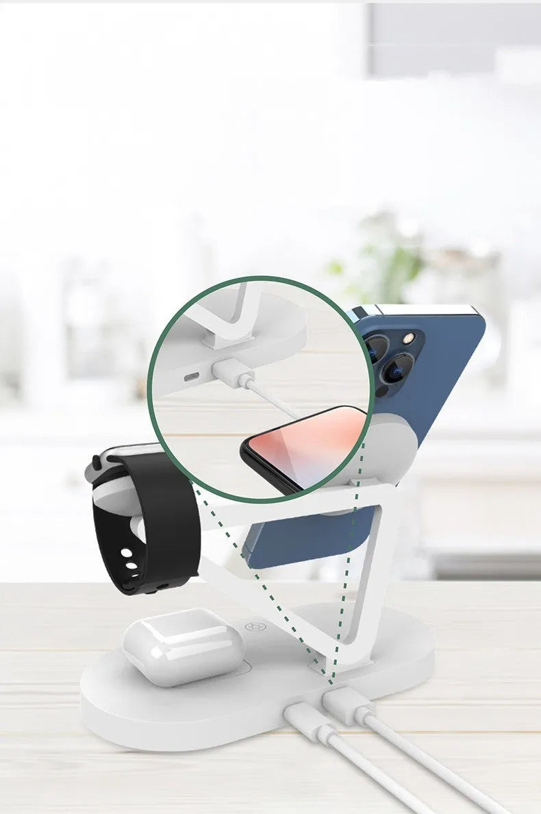 Black and white 3-in-1 wireless charging station for phone, Apple Watch and AirPods with USB port