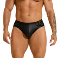 Black men's faux leather briefs with decorative stitching and lace trim.