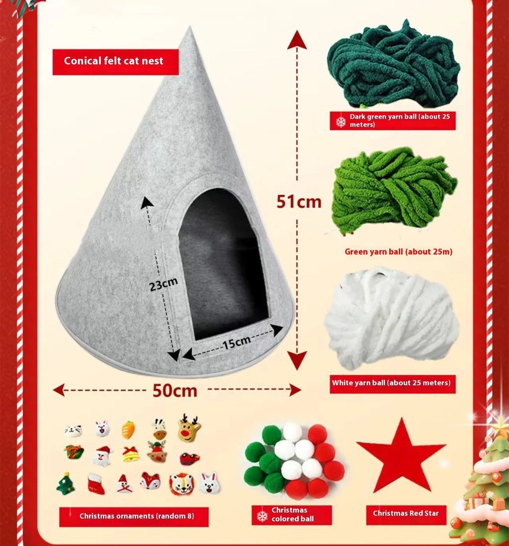 Grey handmade felt cone-shaped cat house with Christmas theme, showing enclosed tent-style design.