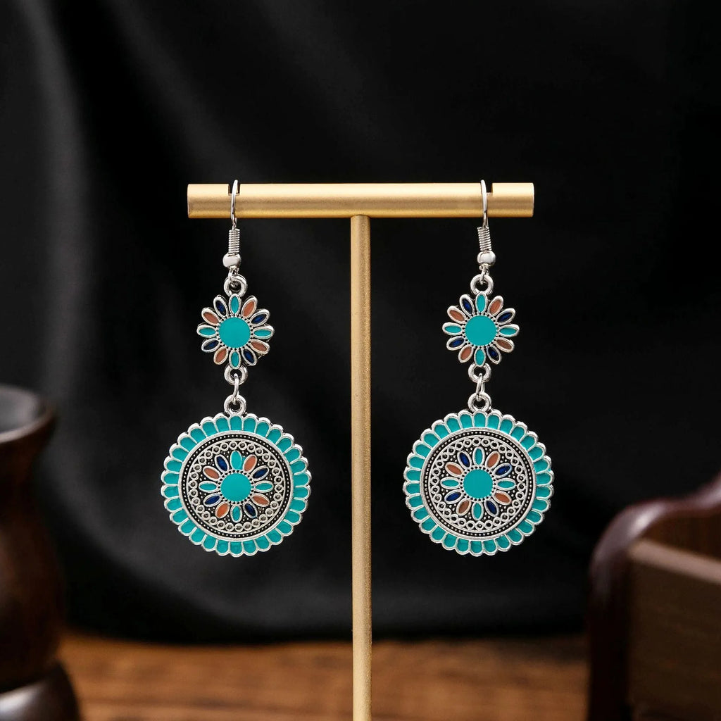 Exaggerated retro bohemian round sunflower drop earrings in blue colour option