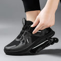 Black unisex running shoes with mesh upper, rubber EVA sole, and lace buckle closure.