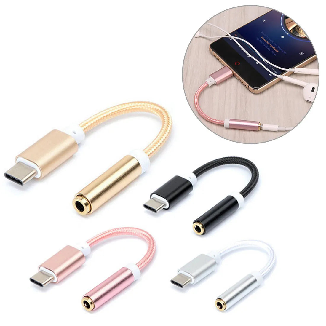 Nylon-woven Type-C to 3.5mm female headphone adapter cable in black, shown next to a smartphone.
