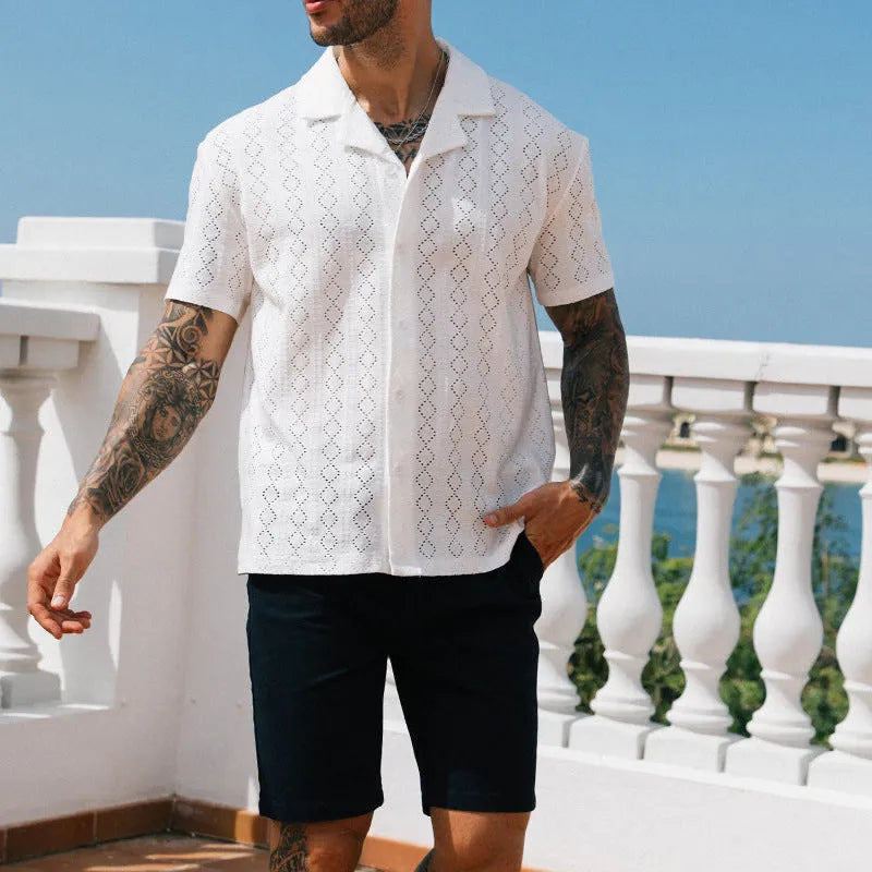 Men's hollow shirt slim fit woven polyester dotted casual top in white and black, sizes S to XXXL