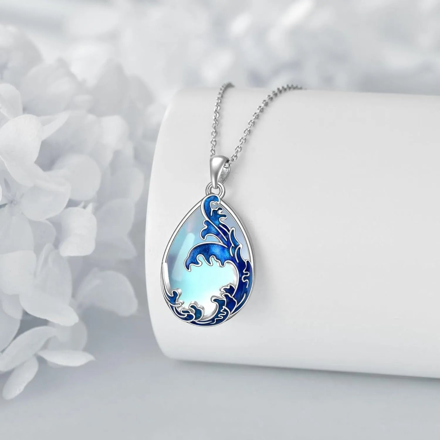 Blue heart-shaped alloy pendant necklace for women showing moonstone colour finish.