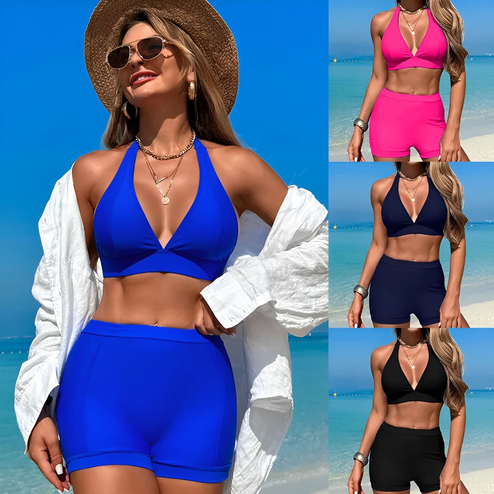 Women's black nylon bikini swimsuit on a hanger, showing split design and sleeveless cut.