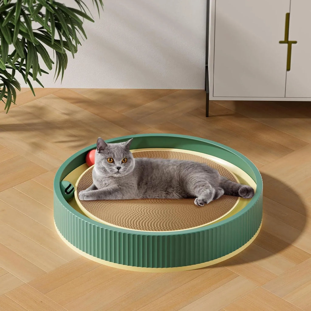 Large circular cat scratching board with bell balls and replaceable cardboard core