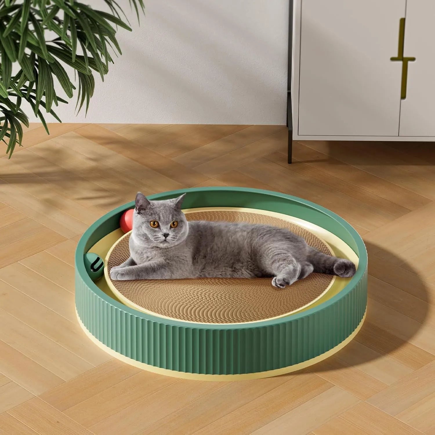 Large circular cat scratching board with bell balls and replaceable cardboard core