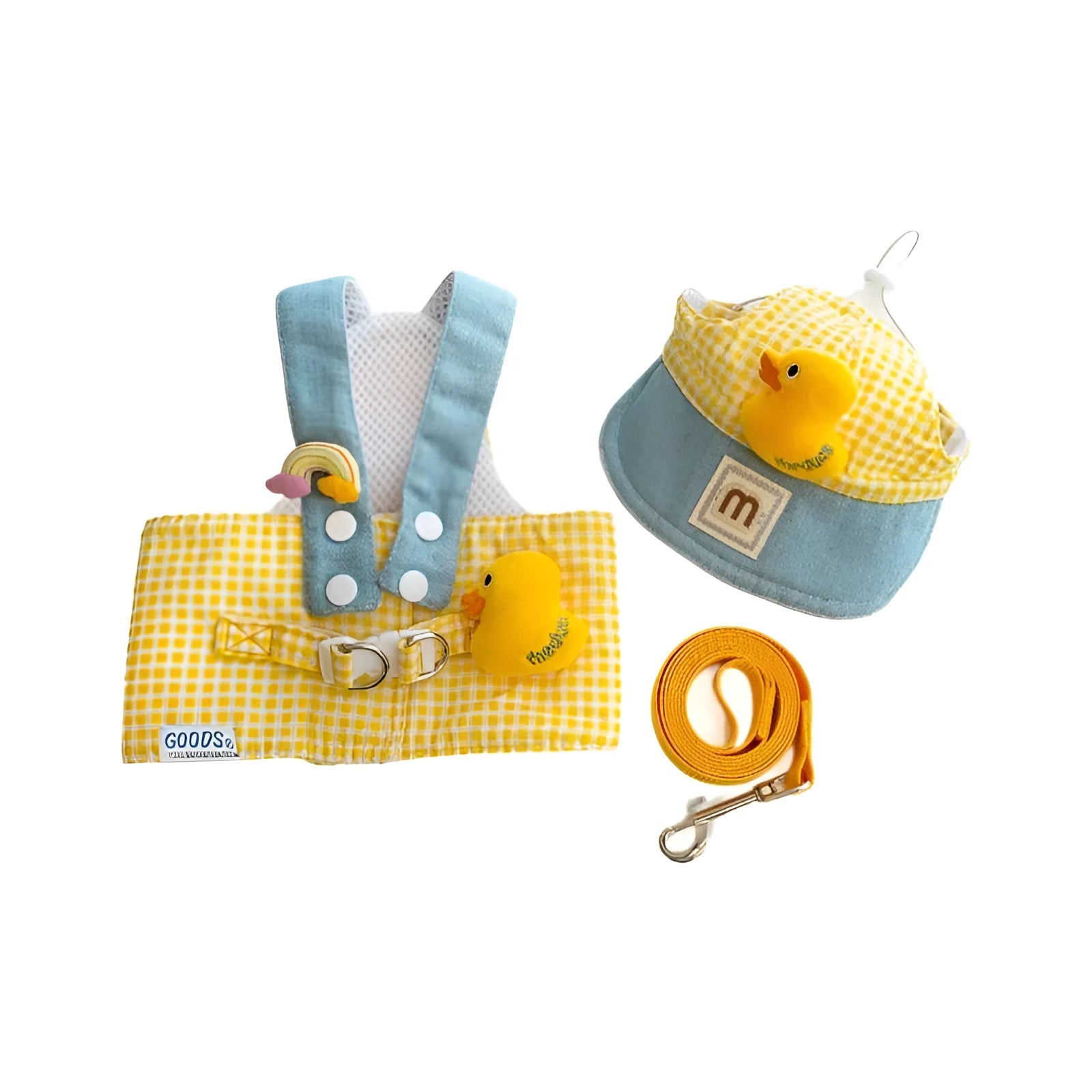 Pet summer outfit set with cat clothes, hat, and wire rope dog harness leash in bright colours