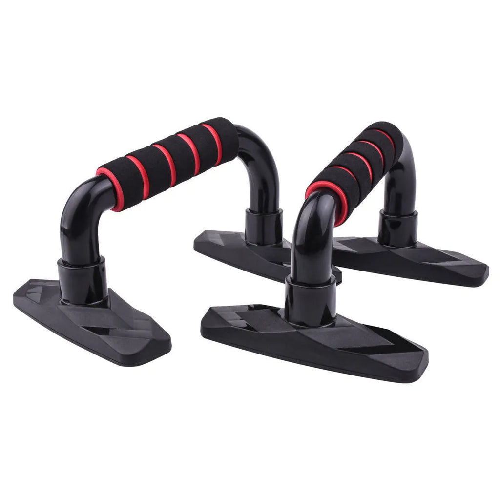 Set of two I-shaped black push up bars made from PP sponge for fitness training.