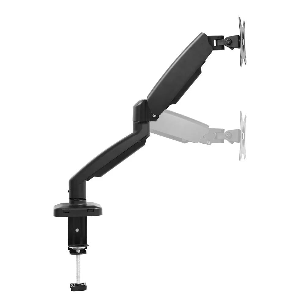 Black LCD screen rotating telescopic bracket elevated on desk with adjustable height and angle