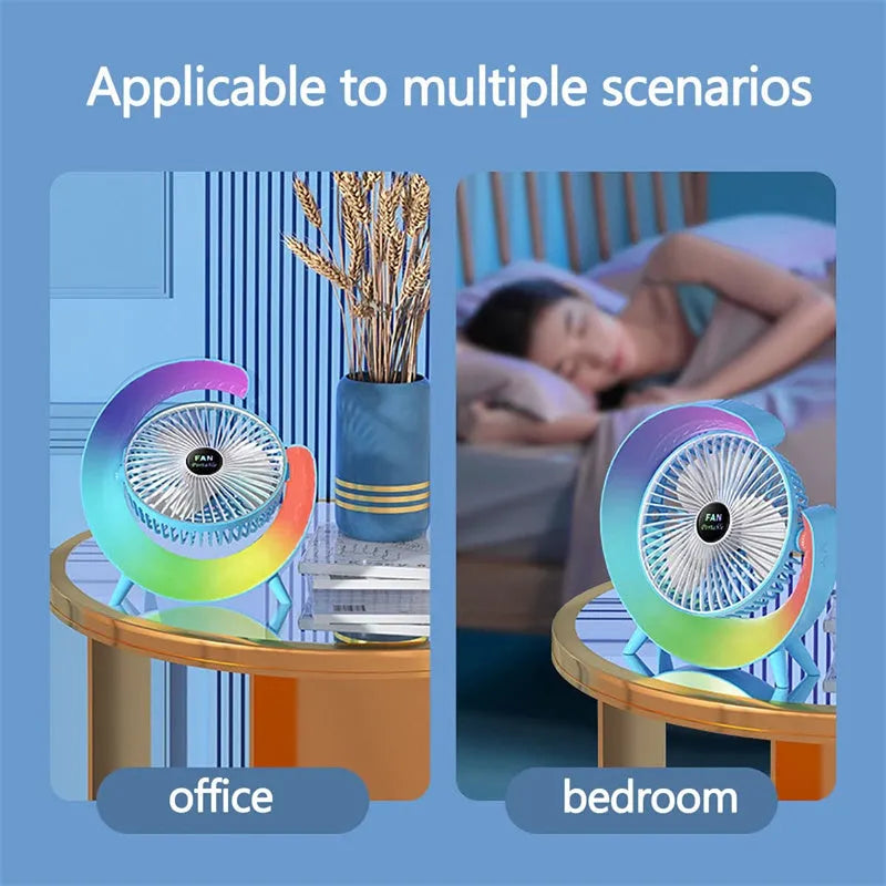 Desktop silent mini electric fan with night light and 180-degree swivel head in grass green colour
