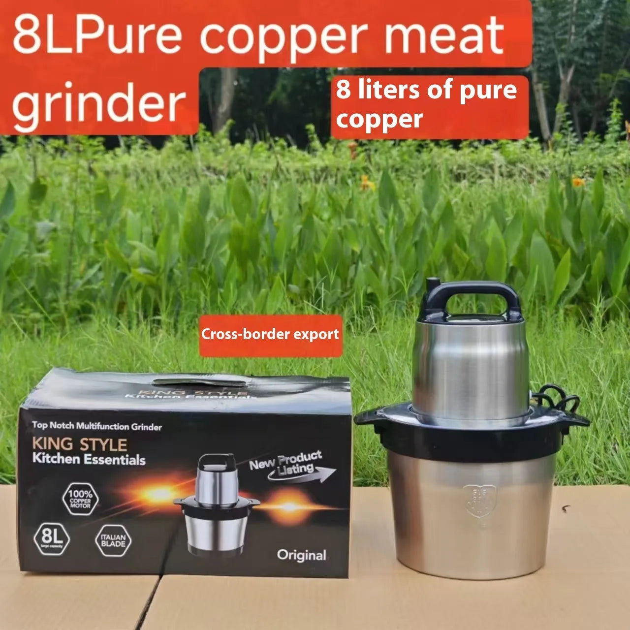 Stainless steel semi-automatic meat grinder with 6L capacity and UK plug on a kitchen worktop