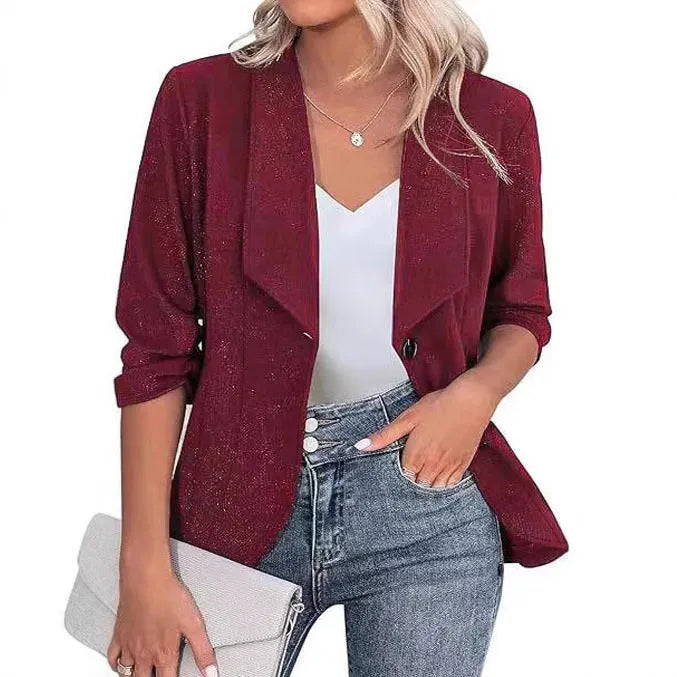 Close-fitting slim fit women's suit jacket cardigan in black, white, or wine red.