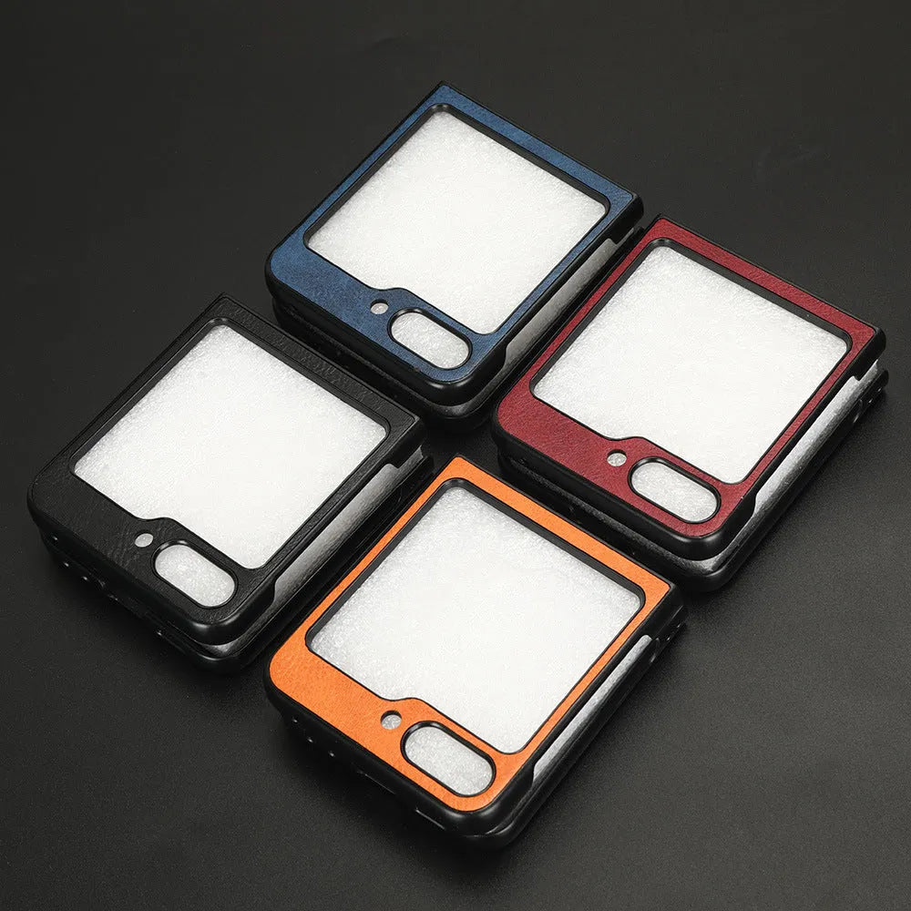 Leather grain foldable screen phone case for Samsung Z Flip 5 in black with stitched PU PC construction