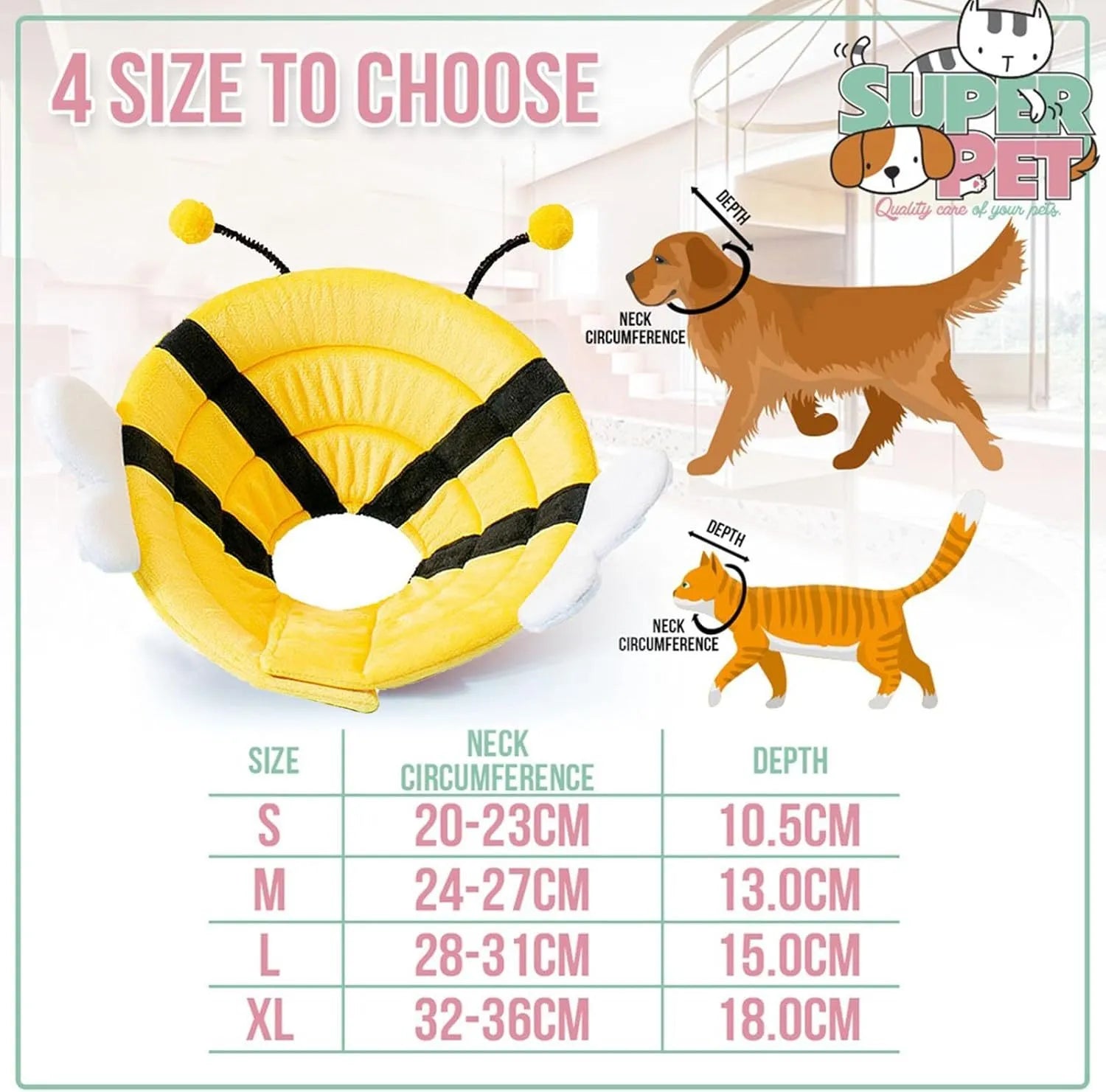 Soft cat cone collar with bee design showing Velcro closure and fabric construction