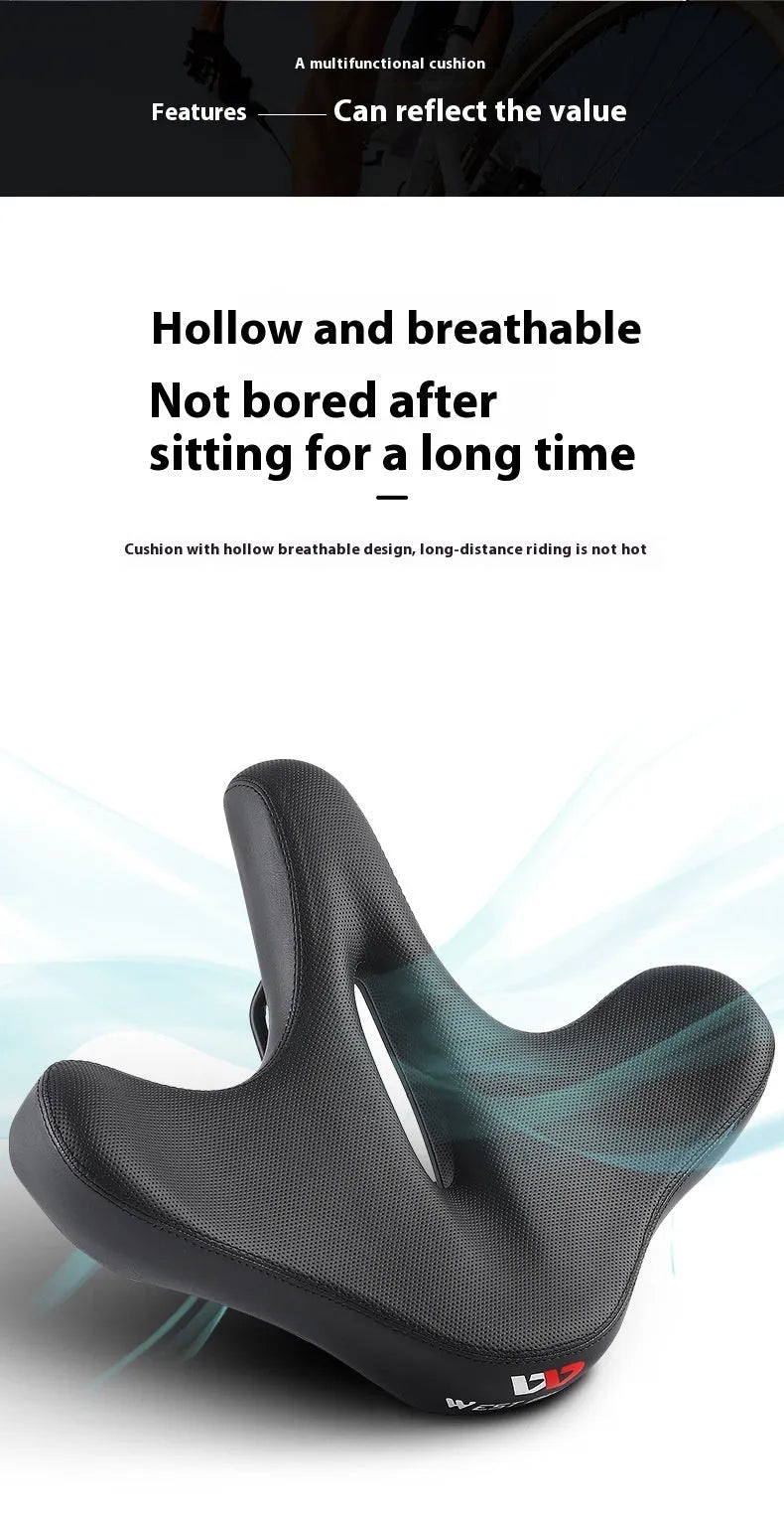 Black leather bicycle saddle cushion with thick foam padding for mountain bikes.