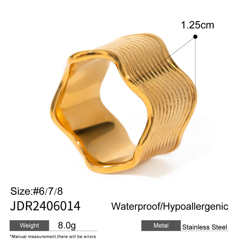 Stainless steel geometric wave ring with wide surface and Korean-style design