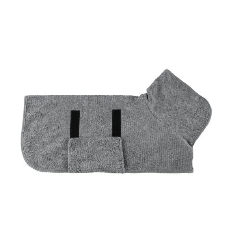 Gray nylon dog robe towel for drying pets after bathing, shown with orange edge trim