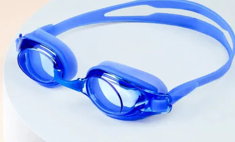 Black prescription swimming goggles with anti-fog coating shown with protective case