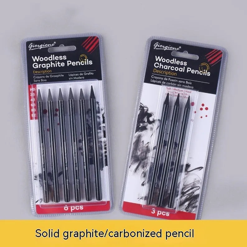 Set of six graphite and three carbonized pencils with wooden casings on a retail suction card.