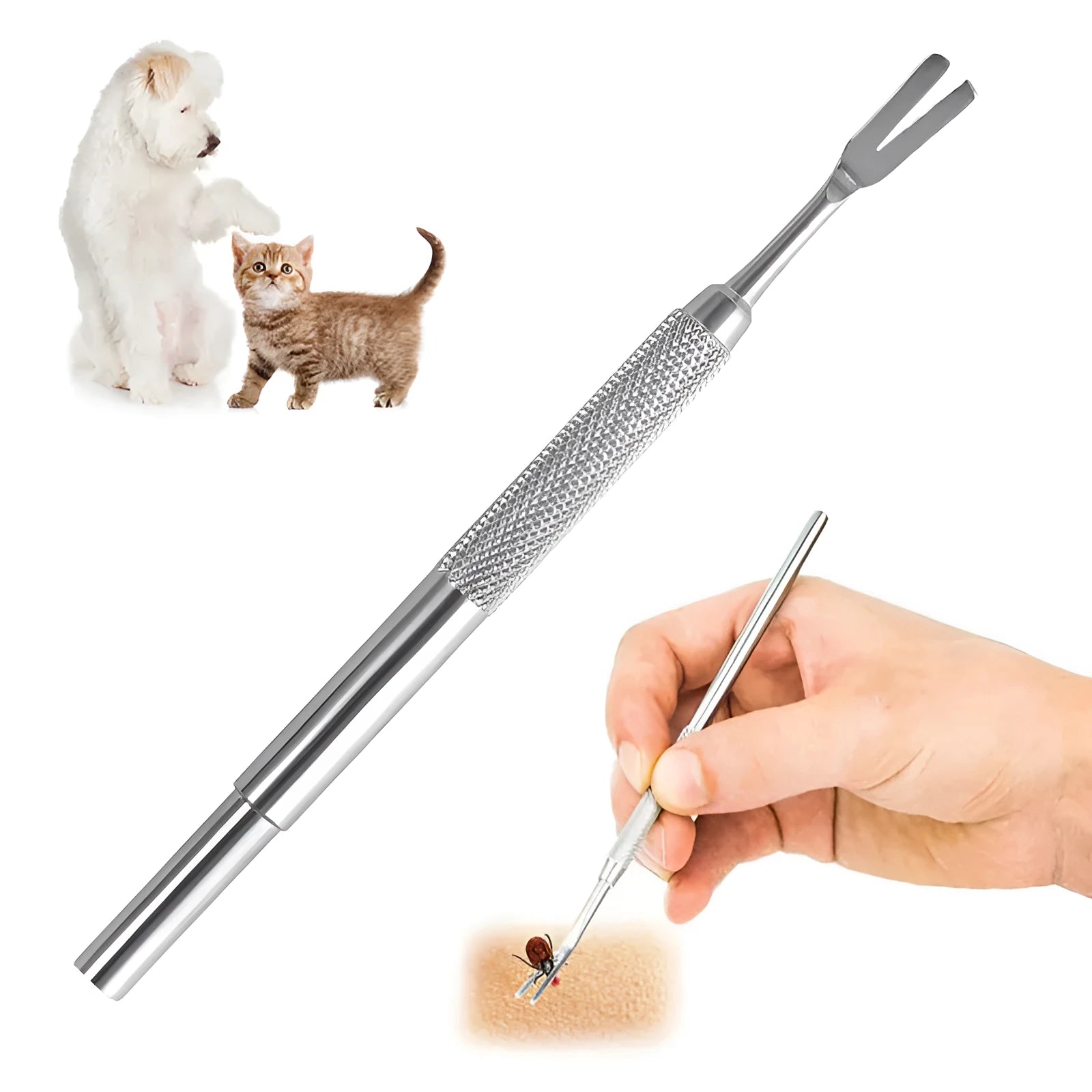 Close-up of stainless steel tick removal tweezers with fine tip and ergonomic handle for pets.