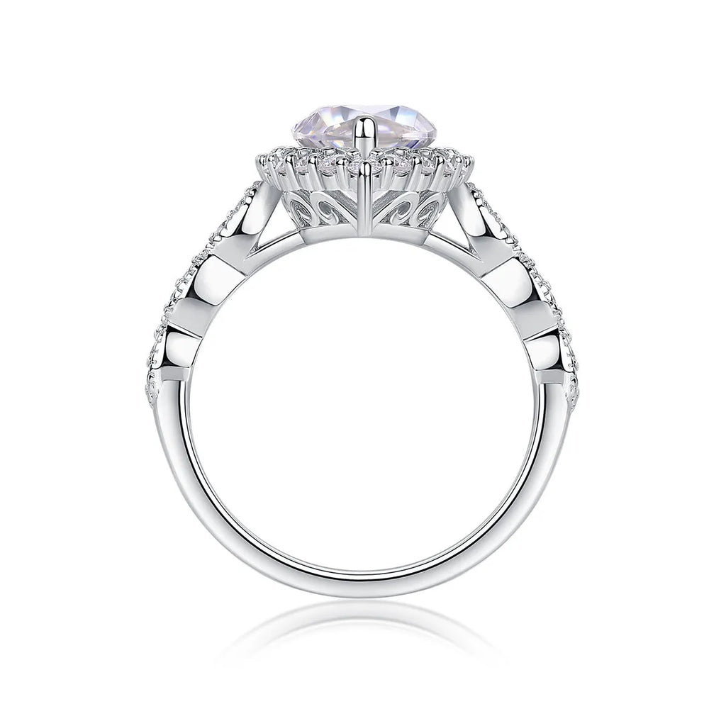 Heartbeat Mirror moissanite wedding ring set in platinum plated S925 silver, horse eye shape, gift box packaging