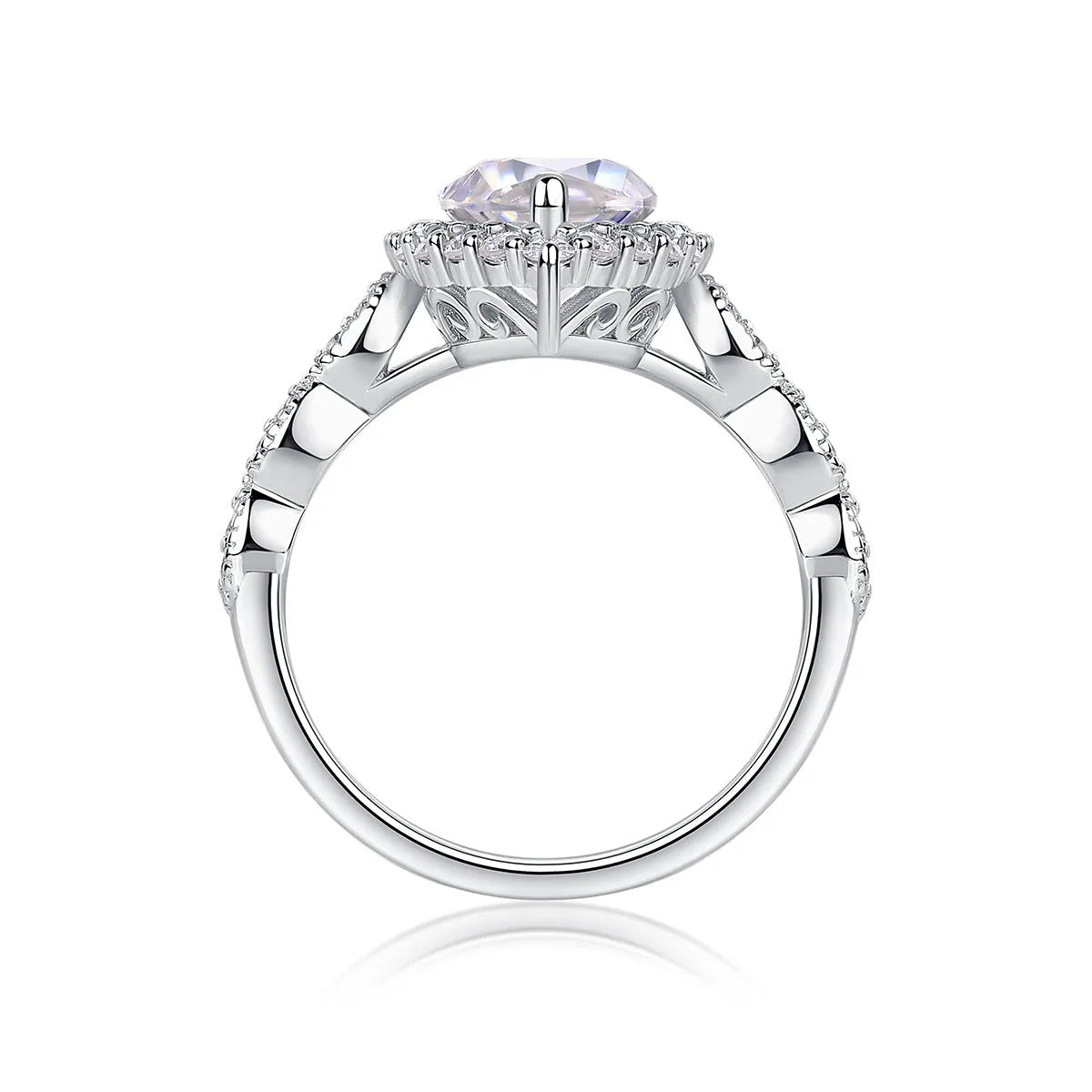 Heartbeat Mirror moissanite wedding ring set in platinum plated S925 silver, horse eye shape, gift box packaging