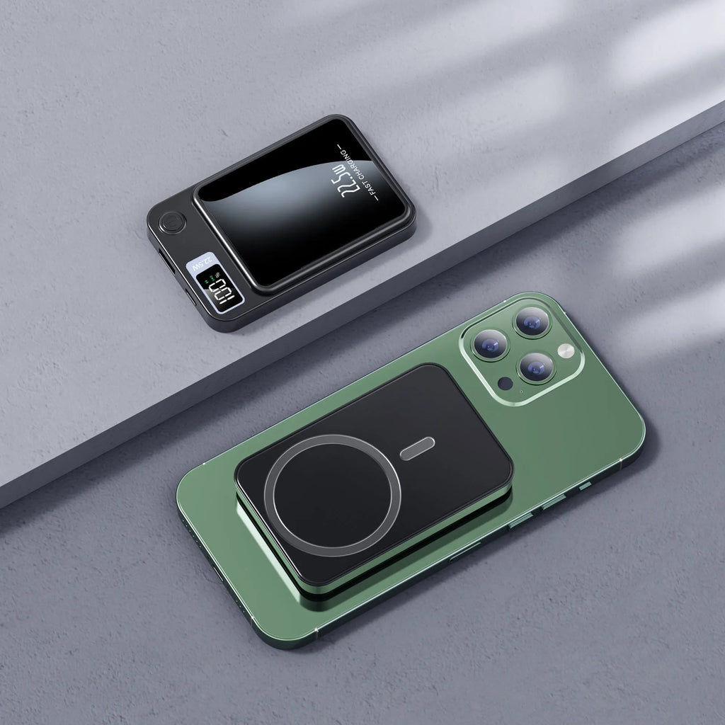 Wireless power bank with MagSafe in black, white, purple or green colours showing industrial design