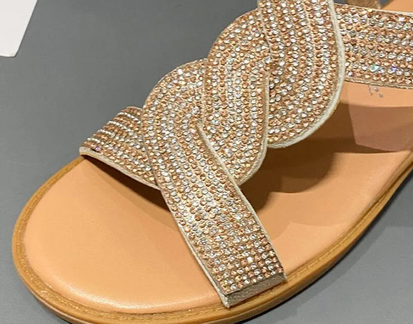 Women's black Roman sandals with fish mouth toe and rhinestones on PVC upper