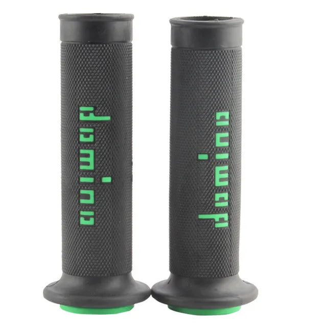 Pair of motorcycle handle gel grips in rubber material showing colour options and 22mm 24mm sizes.