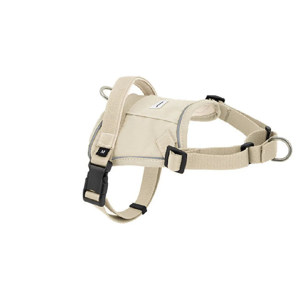 Dog chest back vest leash in buckwheat grey made from eco-friendly RPET and nylon with adjustable straps