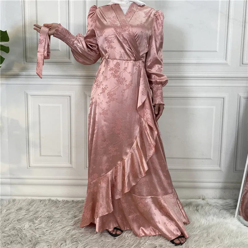 Women's green polyester satin patchwork Muslim dress with long sleeves and full coverage