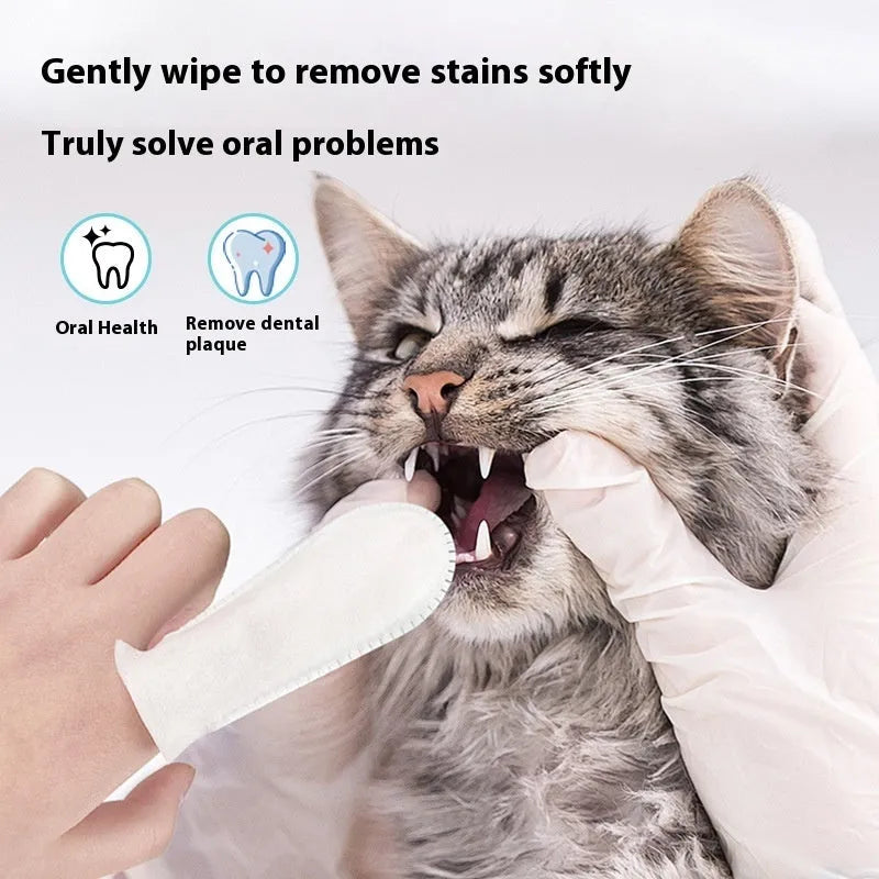 Open pack of 50 soft, white, non-woven fabric finger cots for cleaning pet teeth and applying toothpaste.