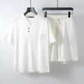 Men's loose linen two-piece set with short-sleeve cotton top and matching linen shorts