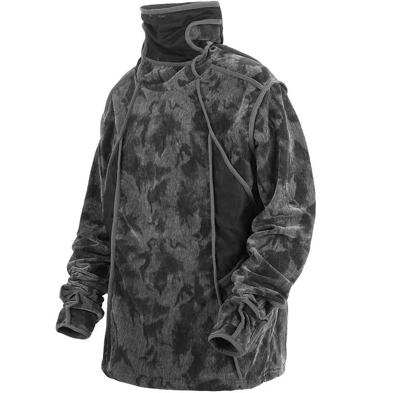 Men's black tie dye pullover sweater with full printed pattern and drop shoulder sleeves