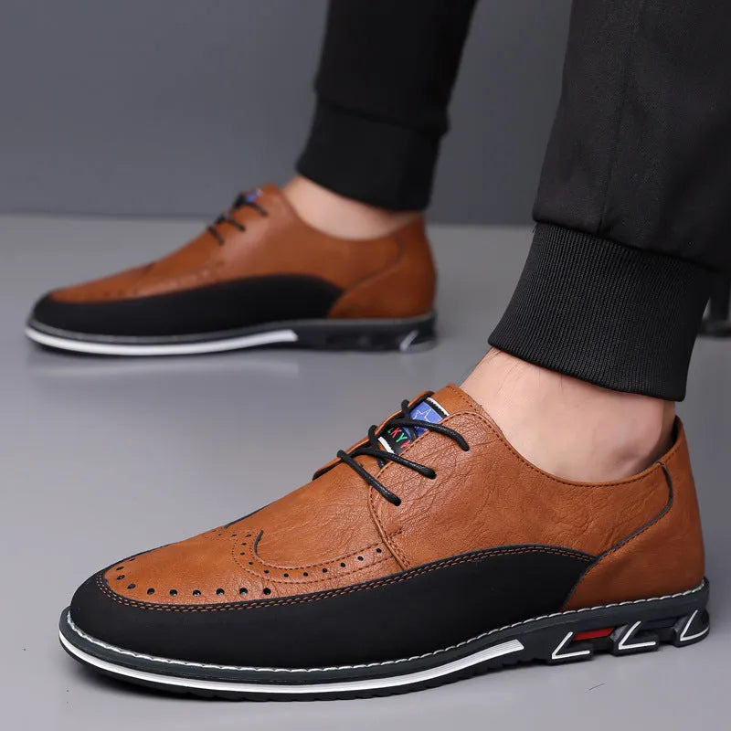 Men's black leather casual shoes with a rubber sole and sewn detail on the fabric upper.