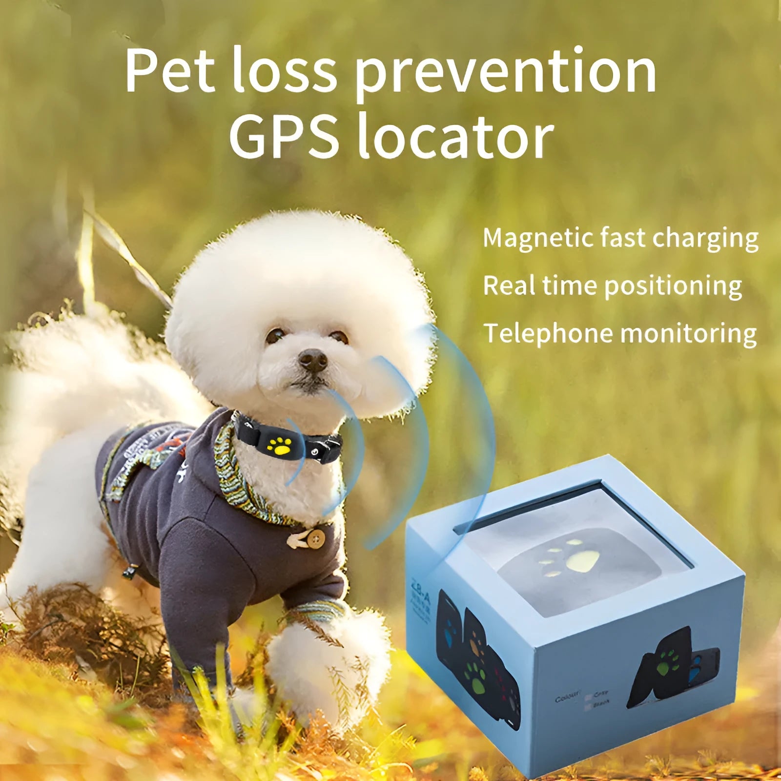 Waterproof GPS pet tracker in black casing with yellow interior showing compact dimensions for collar attachment
