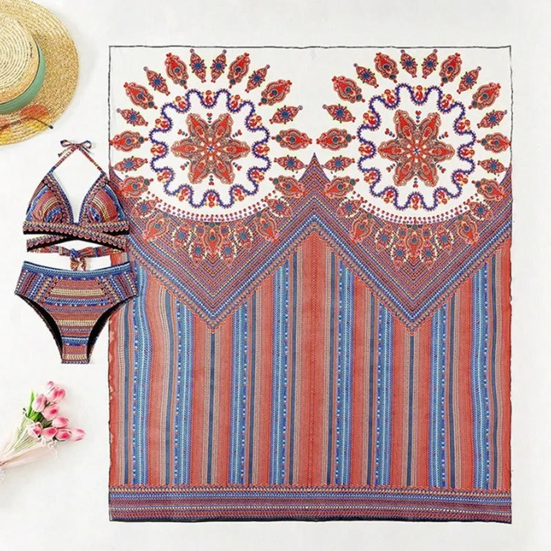 Women's three-piece swimsuit set showing a cropped cutout blouse, high-waist briefs, and a matching cover-up coat.