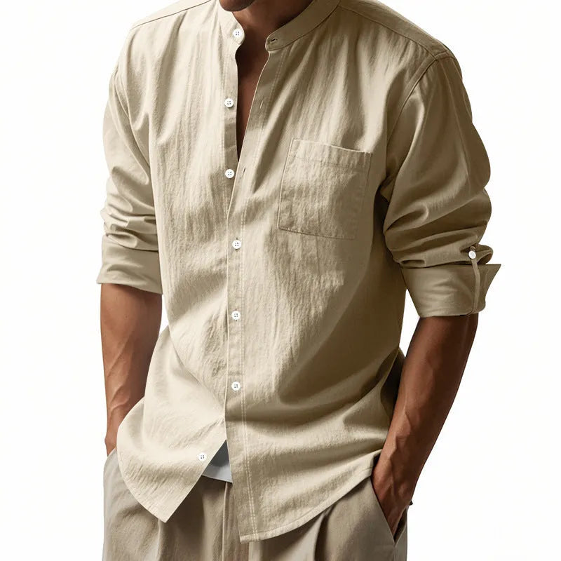 Men's linen long sleeve stand collar shirt with pockets, casual cardigan top in light blue, khaki, white, black or dark grey, sizes S to XXXL.