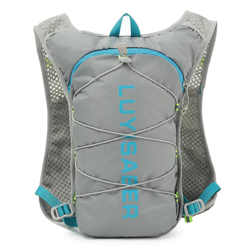 Nylon running backpack with reflective strips in black colour, showing front compartment and adjustable straps