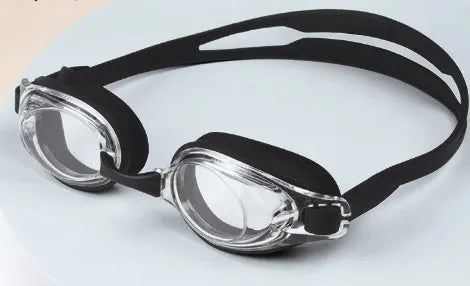 Black prescription swimming goggles with anti-fog coating shown with protective case