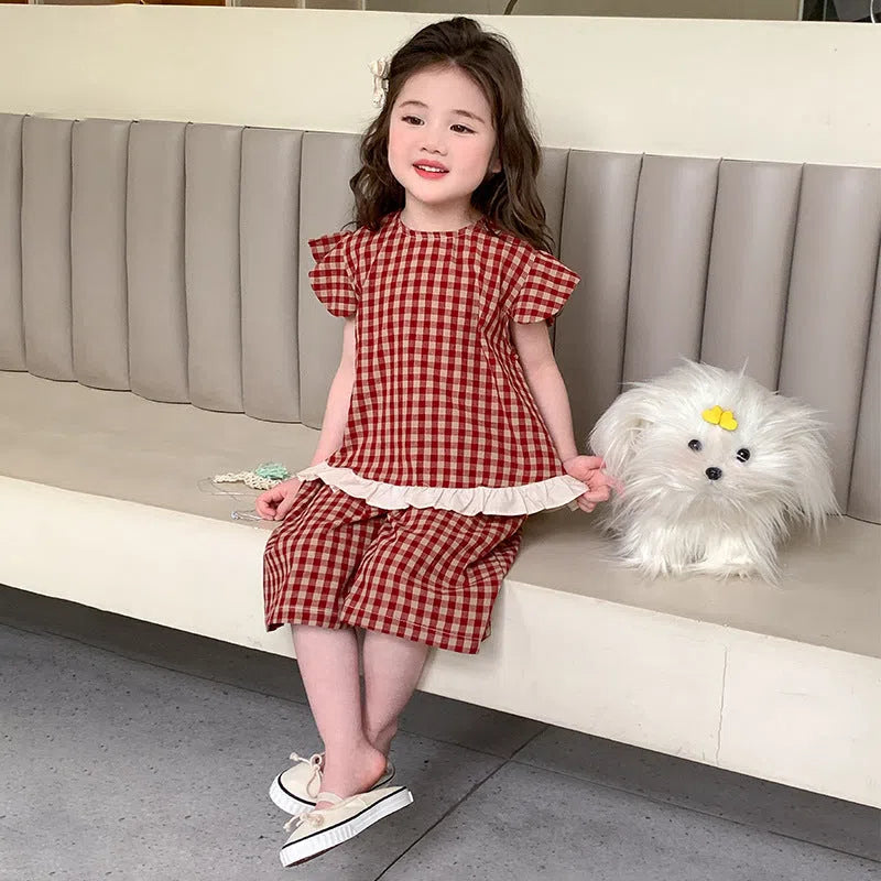 Girls' red plaid cotton two-piece set with shirt and pants, pullover style, for heights 90cm to 140cm