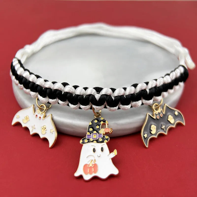 Halloween hand-woven pet collar decoration with geometric pattern and zinc alloy buckle for collars 15-38cm