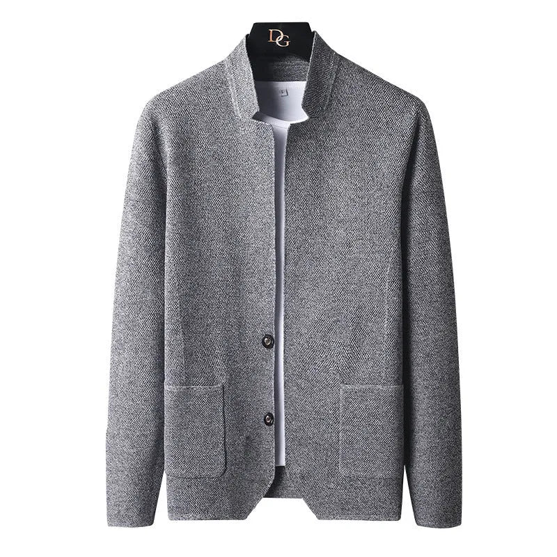 Men's pocket stand collar cardigan sweater in black with button front and front pockets