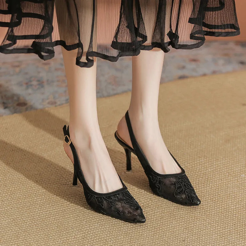 Lace hollow-out mesh pointed high heels in black with a single buckle strap and 5cm heel