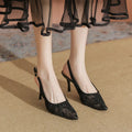 Lace hollow-out mesh pointed high heels in black with a single buckle strap and 5cm heel