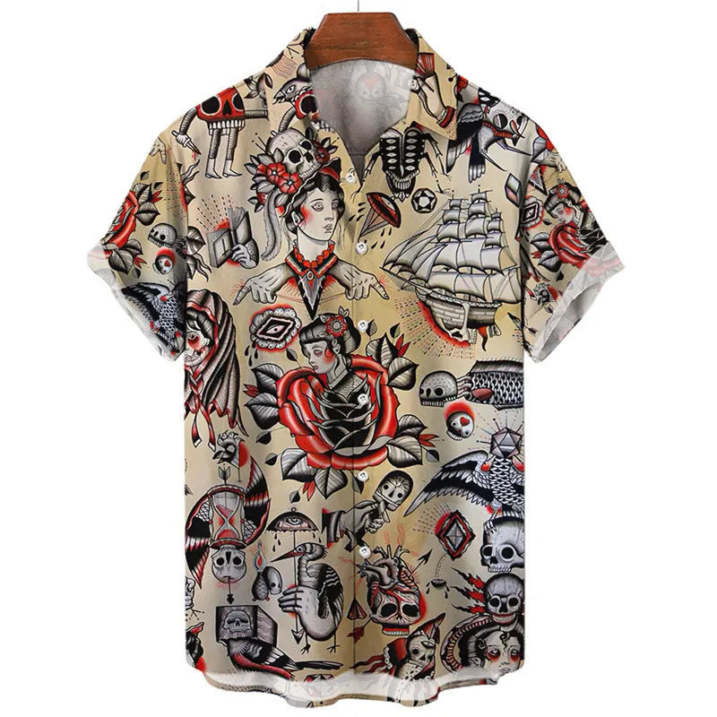 Men's 3D digital print Hawaii short sleeve polo collar cardigan shirt in polyester, available in multiple colours and sizes S to 5XL
