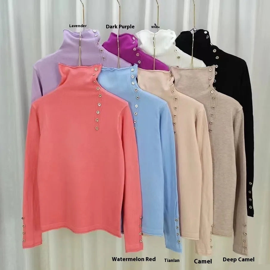 Slim fit knitted bottoming shirt in core-spun yarn, shown in a choice of colours including watermelon red and sky blue.