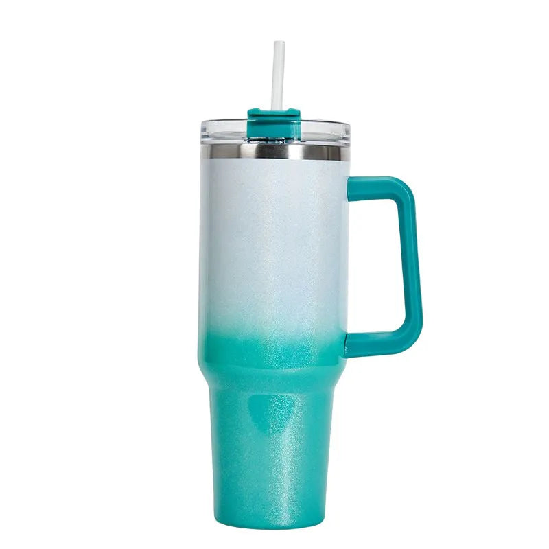 Stainless steel vacuum insulation cup in rainbow gradient colours showing double-layer construction